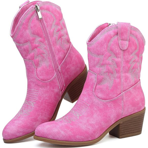Todaysunny Women Pink Western Femme Cowboy Calf Ankle Booties With Side Zip - Picture 5 of 5